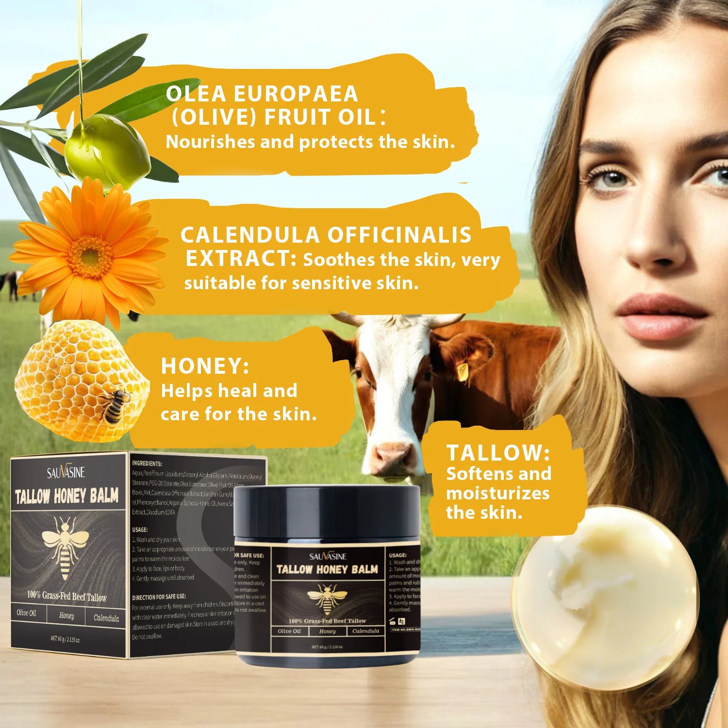 60g Grass-Fed Beef Tallow Honey Balm Moisturizing Tallow Face Cream Hydrating Skin Improve Elasticity Dullness Firming Skin