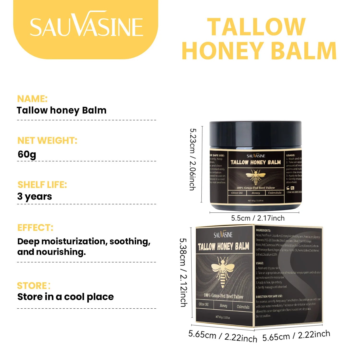 60g Grass-Fed Beef Tallow Honey Balm Moisturizing Tallow Face Cream Hydrating Skin Improve Elasticity Dullness Firming Skin